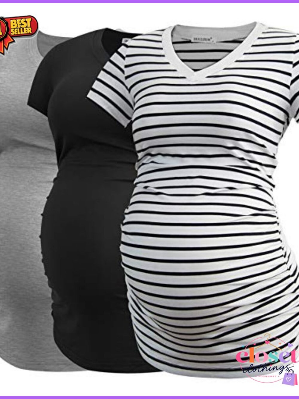 Maternity V-Neck T-Shirt Side Ruched Short Sleeve Rayon 3 Pack Stretchy